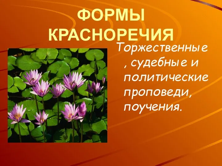 ФОРМЫ КРАСНОРЕЧИЯ Торжественные, судебные и политические проповеди, поучения.