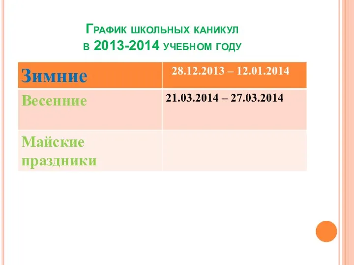 График школьных каникул в 2013-2014 учебном году