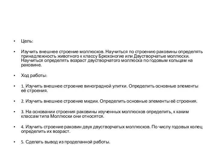 Цель: Изучить внешнее строение моллюсков. Научиться по строению раковины определять принадлежность