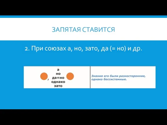 ЗАПЯТАЯ СТАВИТСЯ 2. При союзах а, но, зато, да (= но) и др.