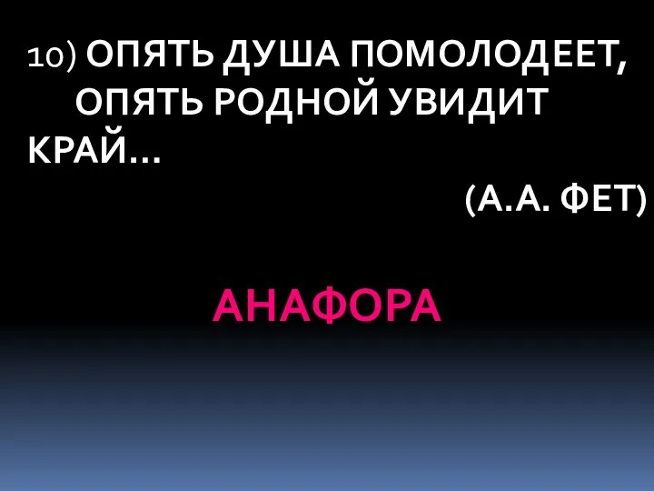 10) ОПЯТЬ ДУША ПОМОЛОДЕЕТ, ОПЯТЬ РОДНОЙ УВИДИТ КРАЙ… (А.А. ФЕТ) АНАФОРА