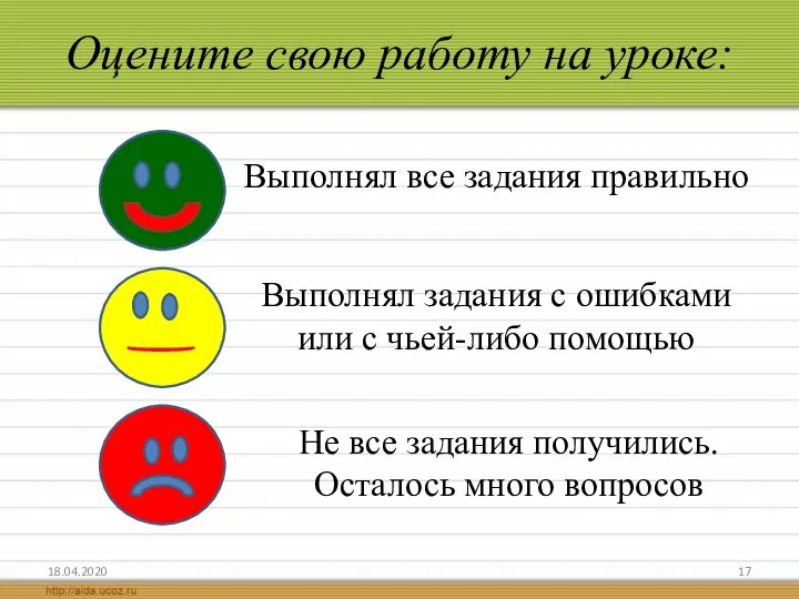 Оцените свою работу на уроке: 18.04.2020 Выполнял все задания правильно Не