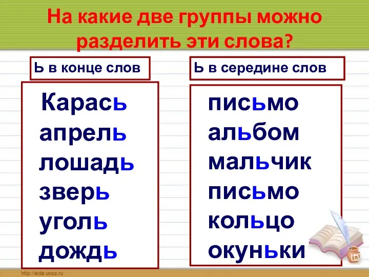 На какие две группы можно разделить эти слова? Карась апрель лошадь