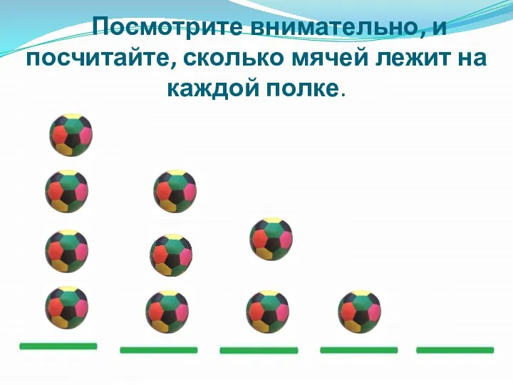 Посмотрите внимательно, и посчитайте, сколько мячей лежит на каждой полке.