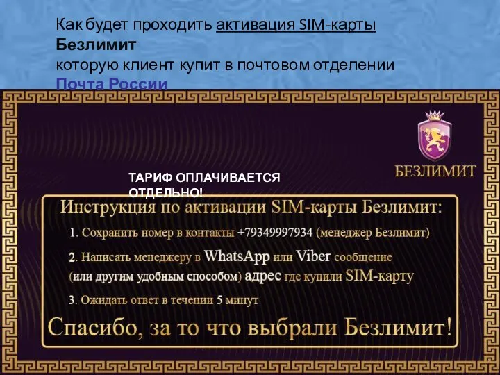 Как будет проходить активация SIM-карты Безлимит которую клиент купит в почтовом