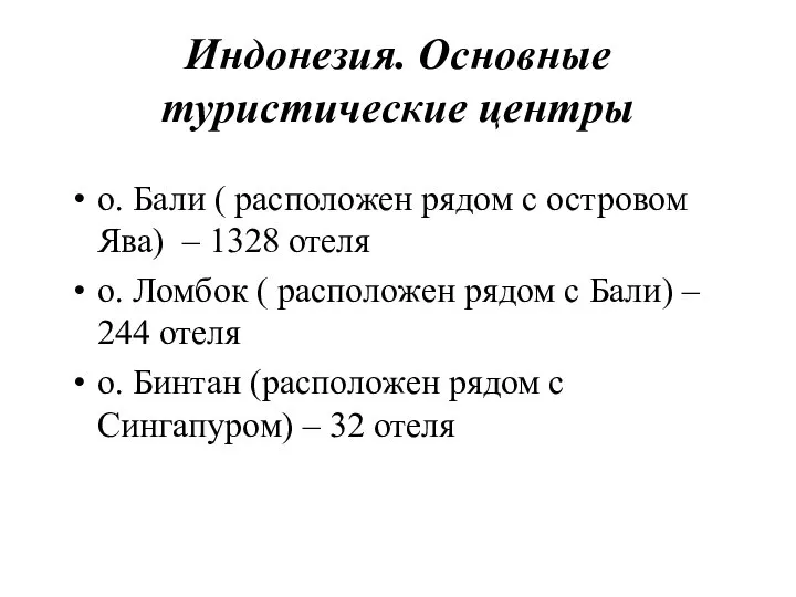 Индонезия. Основные туристические центры о. Бали ( расположен рядом с островом