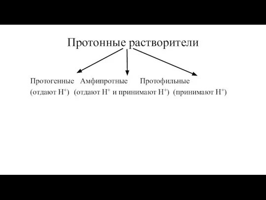 Протонные растворители Протогенные Амфипротные Протофильные (отдают Н+) (отдают Н+ и принимают Н+) (принимают Н+)