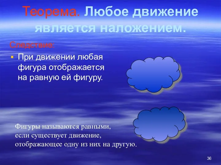 Теорема. Любое движение является наложением. Следствие: При движении любая фигура отображается