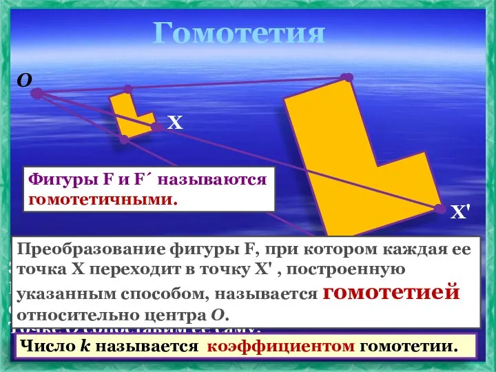 Гомотетия Зафиксируем точку O и положительное число k. Каждой точке Х