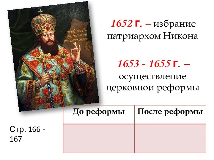 1652 г. – избрание патриархом Никона 1653 - 1655 г. –