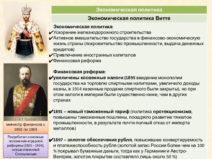 министр финансов с 1892 по 1903 Разработал основные положения аграрной реформы (1903 – 1904), осуществленной Столыпиным