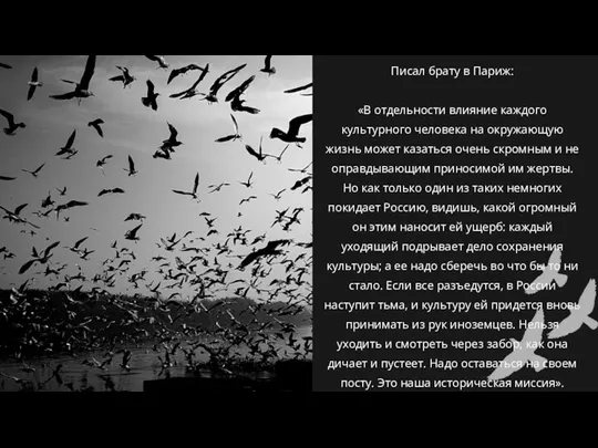 Писал брату в Париж: «В отдельности влияние каждого культурного человека на