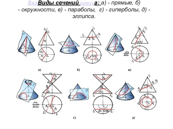 ВидВиды сечений конуса: а) - прямые, б) - окружности, в) -