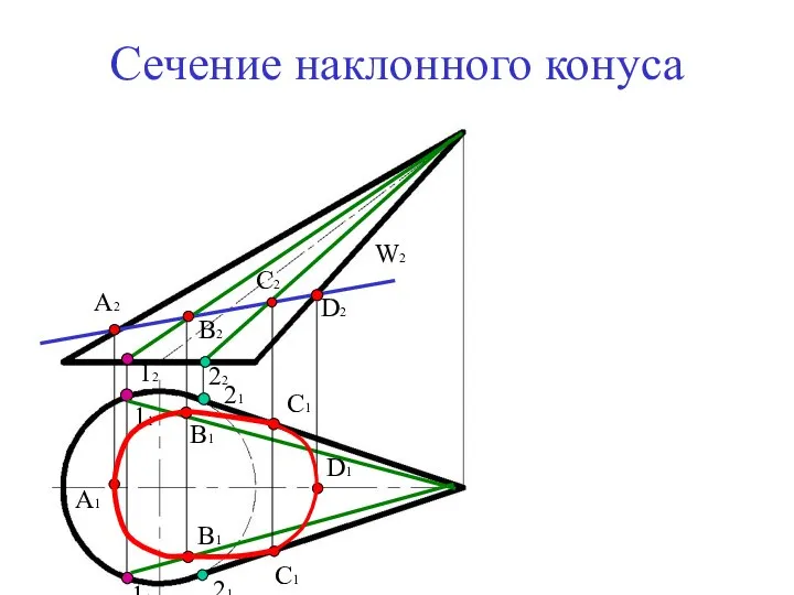 Сечение наклонного конуса 11 11 С2 С1 С1 D2 D1 22