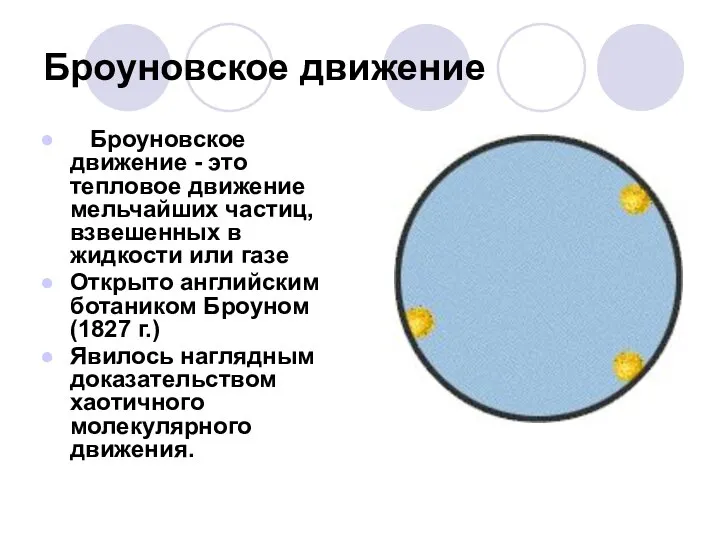 Броуновское движение Броуновское движение - это тепловое движение мельчайших частиц, взвешенных