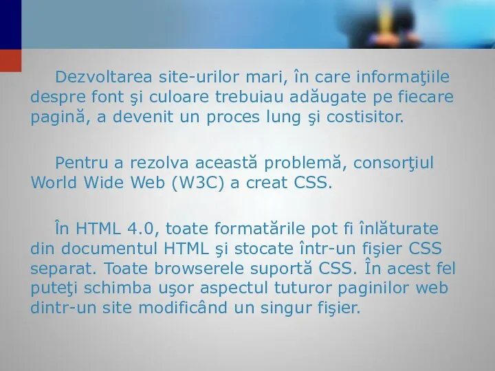 Dezvoltarea site-urilor mari, în care informaţiile despre font şi culoare trebuiau