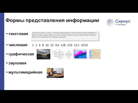 Формы представления информации текстовая числовая 1 2 4 8 16 32