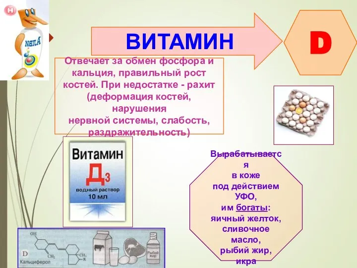 ВИТАМИН D Отвечает за обмен фосфора и кальция, правильный рост костей.