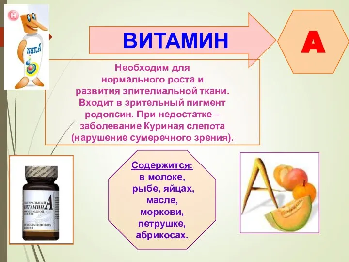 ВИТАМИН A Необходим для нормального роста и развития эпителиальной ткани. Входит