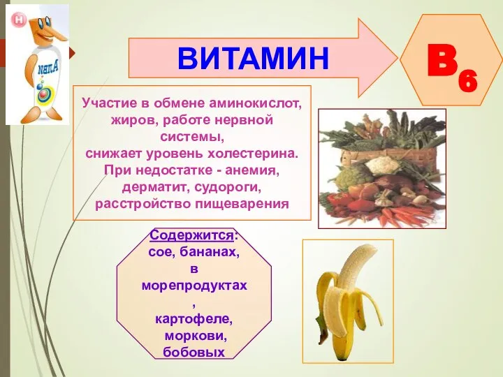 ВИТАМИН B6 Участие в обмене аминокислот, жиров, работе нервной системы, снижает