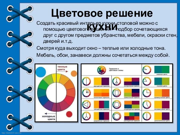 Цветовое решение кухни Создать красивый интерьер кухни-столовой можно с помощью цветового