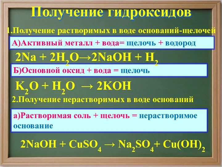 Получение гидроксидов 1.Получение растворимых в воде оснований-щелочей А)Активный металл + вода=