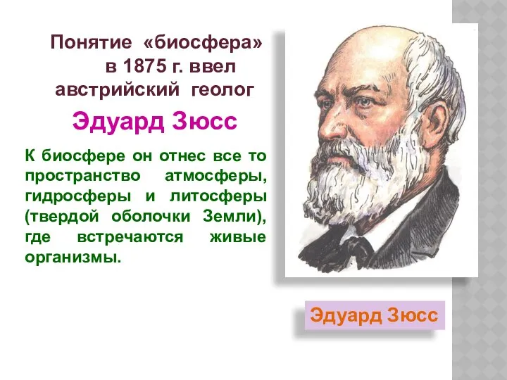 Эдуард Зюсс Понятие «биосфера» в 1875 г. ввел австрийский геолог Эдуард