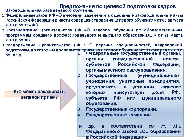 Предложения по целевой подготовки кадров Кто может заказывать целевой прием? Федеральные