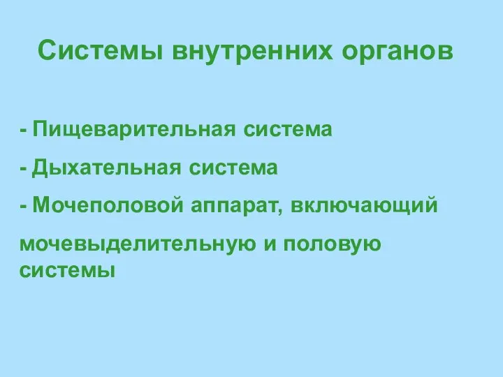 Системы внутренних органов - Пищеварительная система - Дыхательная система - Мочеполовой