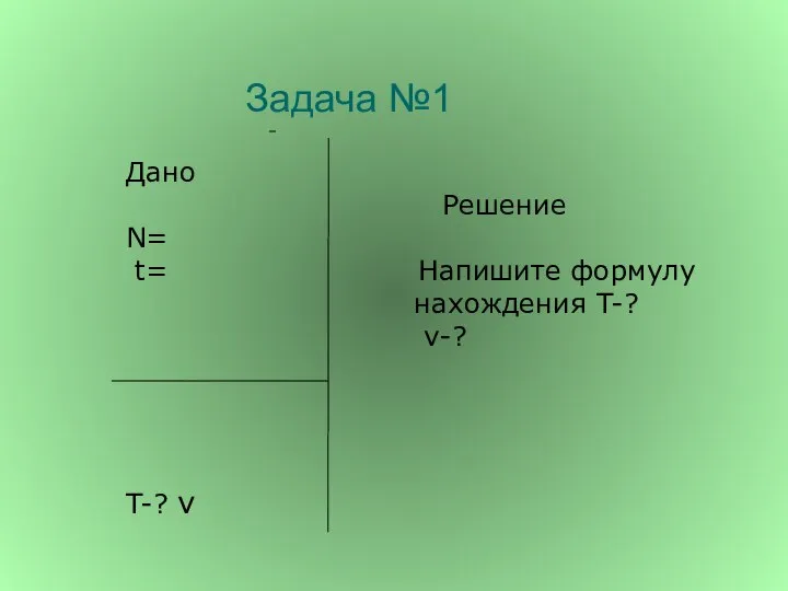 Задача №1 Дано Решение N= t= Напишите формулу нахождения T-? ν-? T-? ν