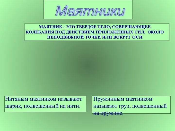 Маятники Нитяным маятником называют шарик, подвешенный на нити. Пружинным маятником называют