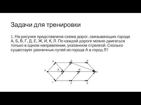 Задачи для тренировки 1. На рисунке представлена схема дорог, связывающих города