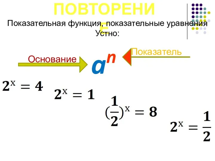 ПОВТОРЕНИЕ Показательная функция, показательные уравнения Устно: an Основание степени Показатель степени