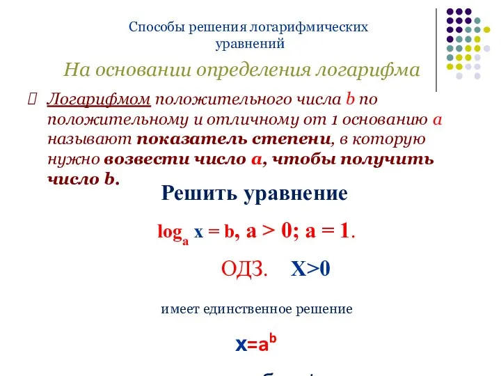 Способы решения логарифмических уравнений На основании определения логарифма Логарифмом положительного числа