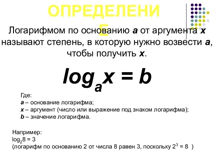 ОПРЕДЕЛЕНИЕ Логарифмом по основанию а от аргумента x называют степень, в