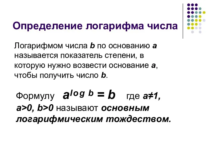 Определение логарифма числа Логарифмом числа b по основанию a называется показатель