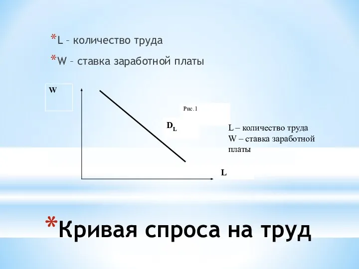 Кривая спроса на труд L – количество труда W – ставка