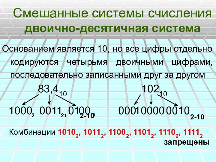 Смешанные системы счисления двоично-десятичная система Основанием является 10, но все цифры