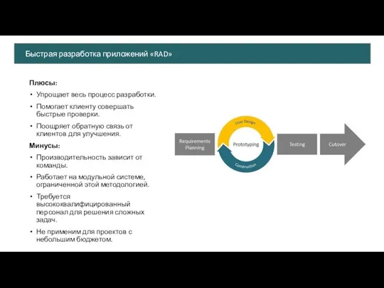 Плюсы: Упрощает весь процесс разработки. Помогает клиенту совершать быстрые проверки. Поощряет