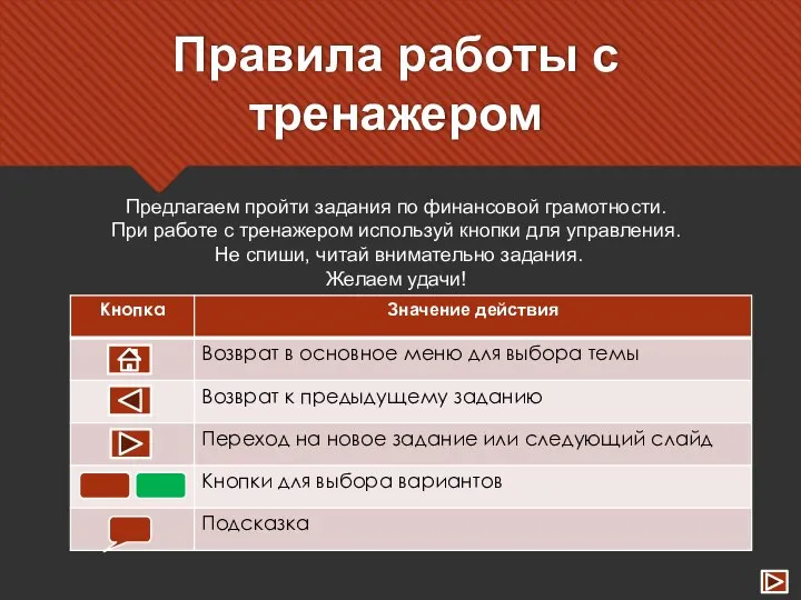 Правила работы с тренажером Предлагаем пройти задания по финансовой грамотности. При