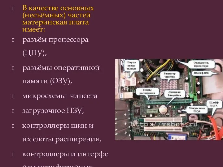 В качестве основных (несъёмных) частей материнская плата имеет: разъём процессора (ЦПУ),