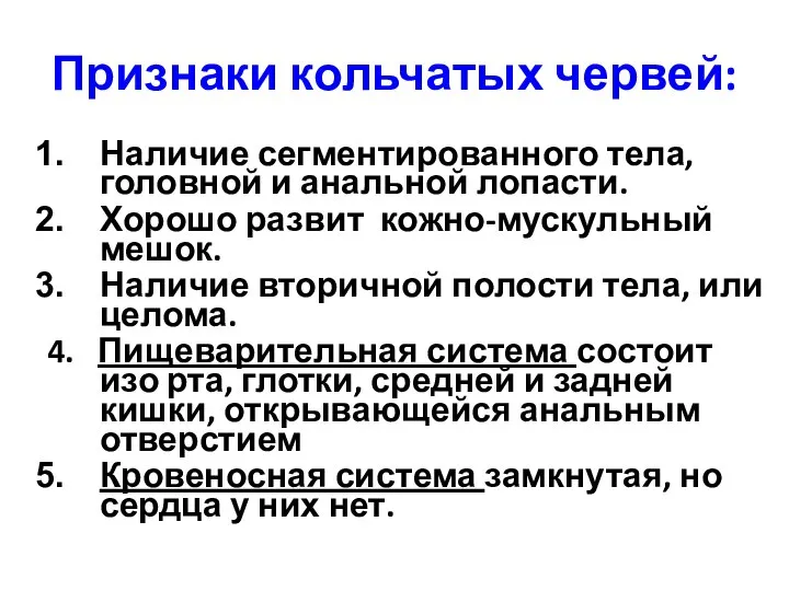 Признаки кольчатых червей: Наличие сегментированного тела, головной и анальной лопасти. Хорошо