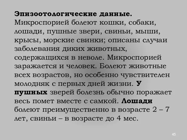 Эпизоотологические данные. Микроспорией болеют кошки, собаки, лошади, пушные звери, свиньи, мыши,