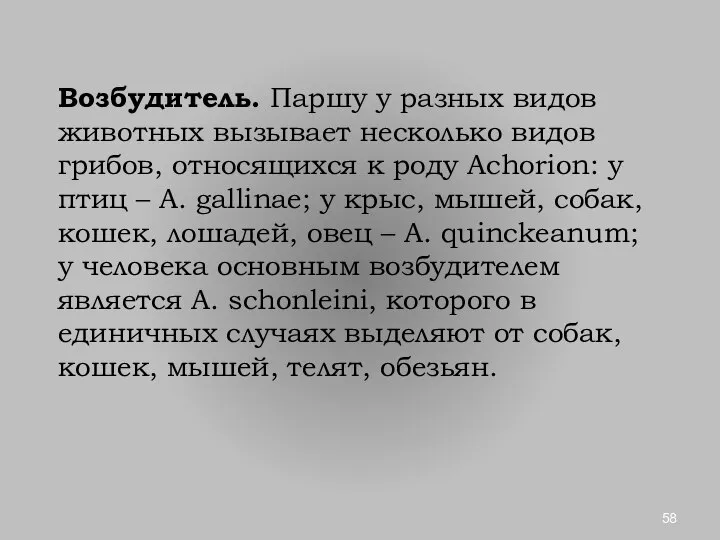 Возбудитель. Паршу у разных видов животных вызывает несколько видов грибов, относящихся