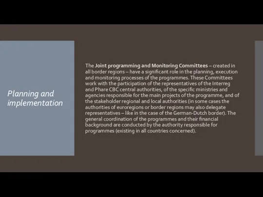 Planning and implementation The Joint programming and Monitoring Committees – created