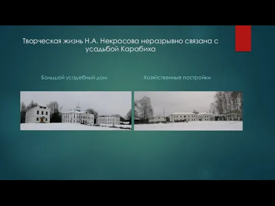 Творческая жизнь Н.А. Некрасова неразрывно связана с усадьбой Карабиха Большой усадебный дом Хозяйственные постройки