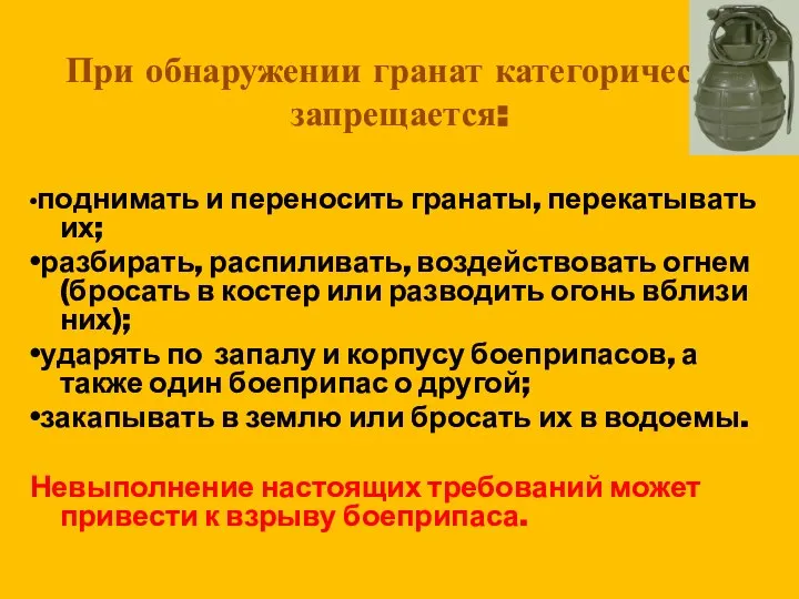 При обнаружении гранат категорически запрещается: •поднимать и переносить гранаты, перекатывать их;