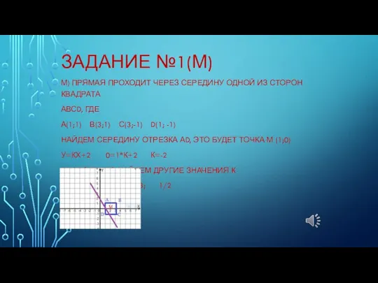 ЗАДАНИЕ №1(М) М) ПРЯМАЯ ПРОХОДИТ ЧЕРЕЗ СЕРЕДИНУ ОДНОЙ ИЗ СТОРОН КВАДРАТА