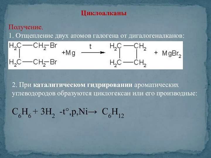 Циклоалканы Получение. 1. Отщепление двух атомов галогена от дигалогеналканов: 2. При