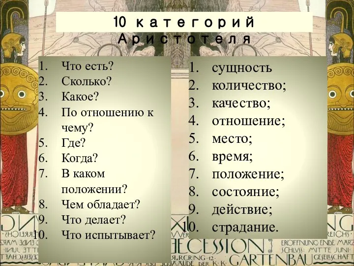 10 категорий Аристотеля сущность количество; качество; отношение; место; время; положение; состояние;